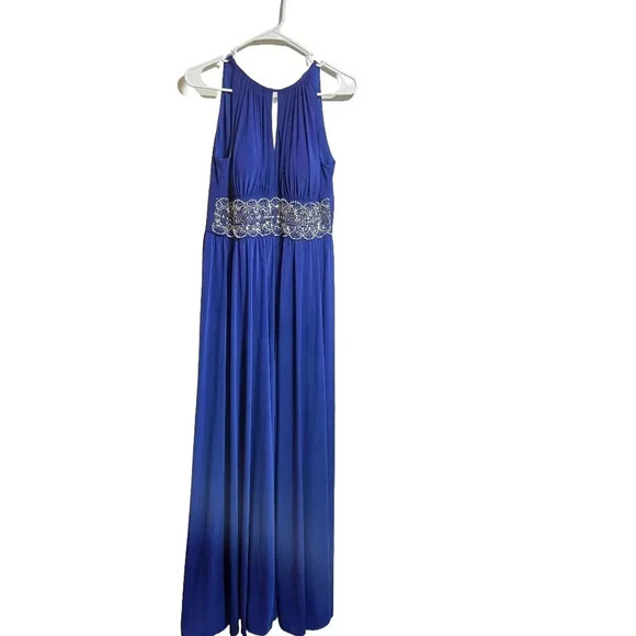 Royal Blue Sleeveless Evening Gown with Embellished Waist and Keyhole Neckline - Picture 7 of 11